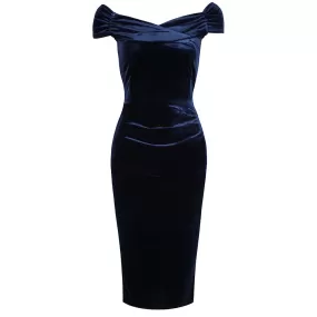 Navy Blue Velour Cap Sleeve Crossover Top Bardot Wiggle Dress