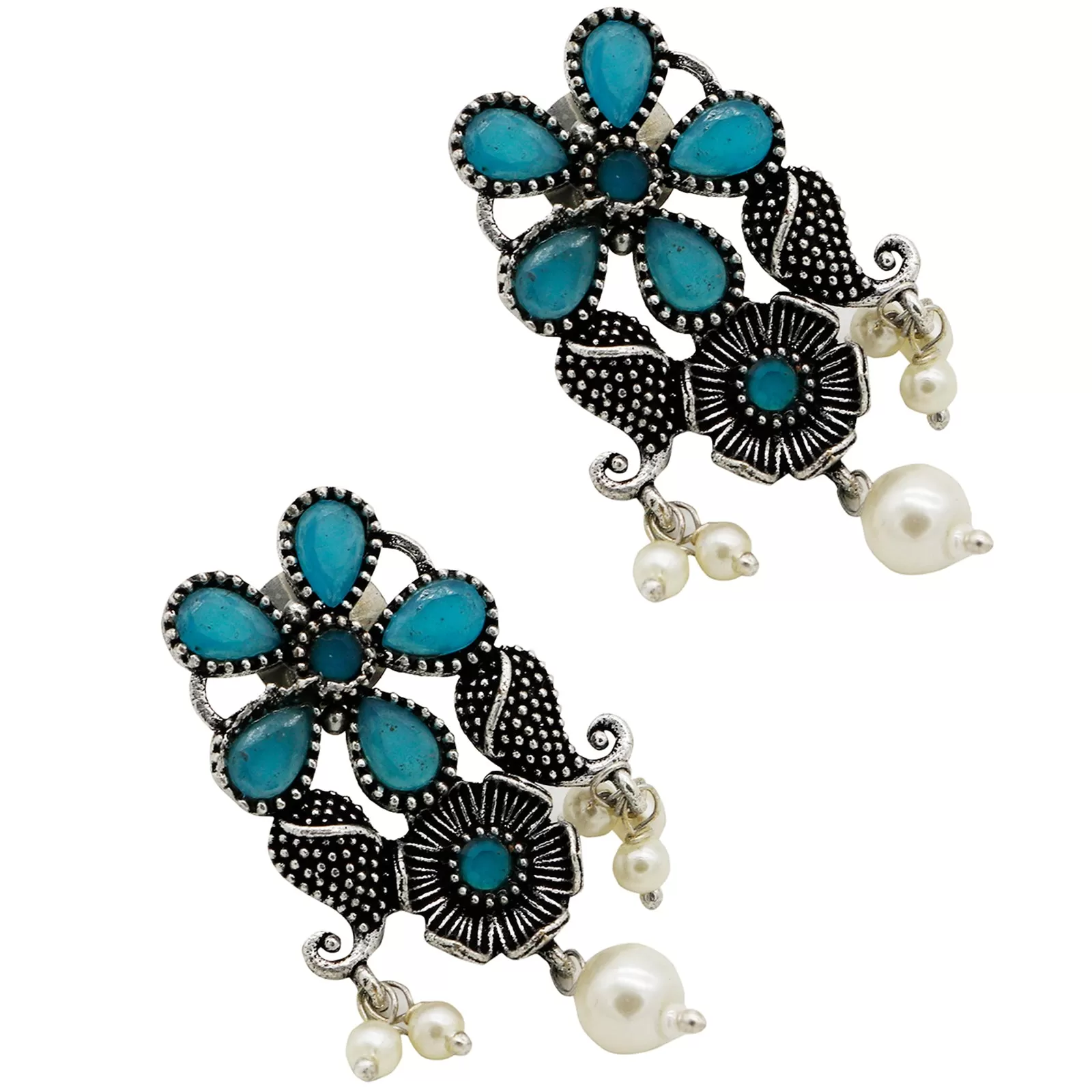 Niranjana Light Blue Stone Silver Oxidized Necklace Set