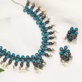 Niranjana Light Blue Stone Silver Oxidized Necklace Set