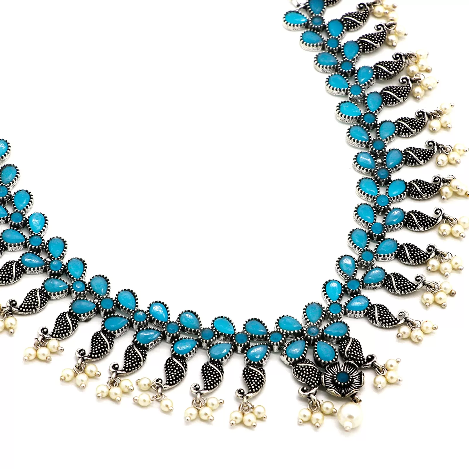 Niranjana Light Blue Stone Silver Oxidized Necklace Set