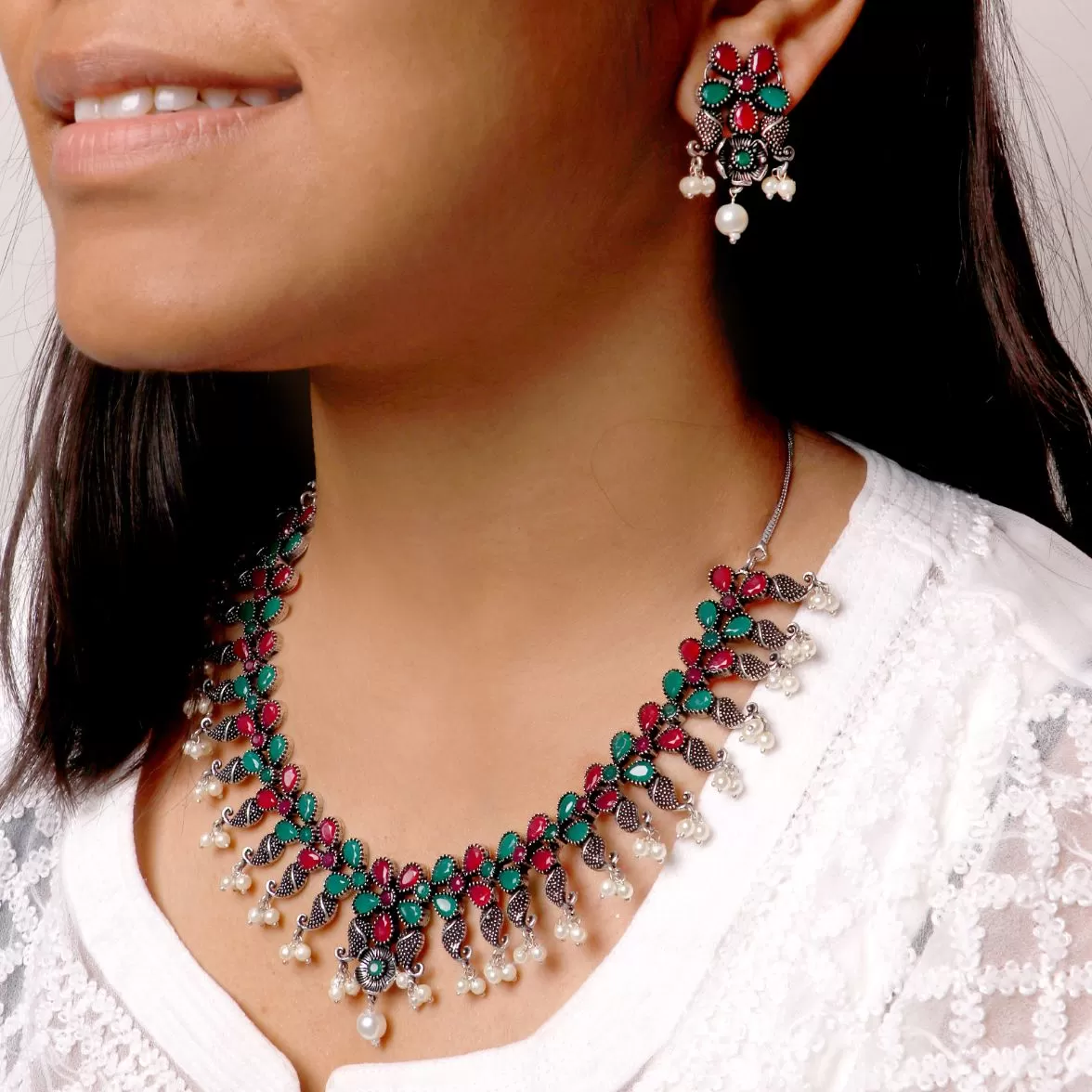 Niranjana Multi colored Silver Oxidized Necklace Set