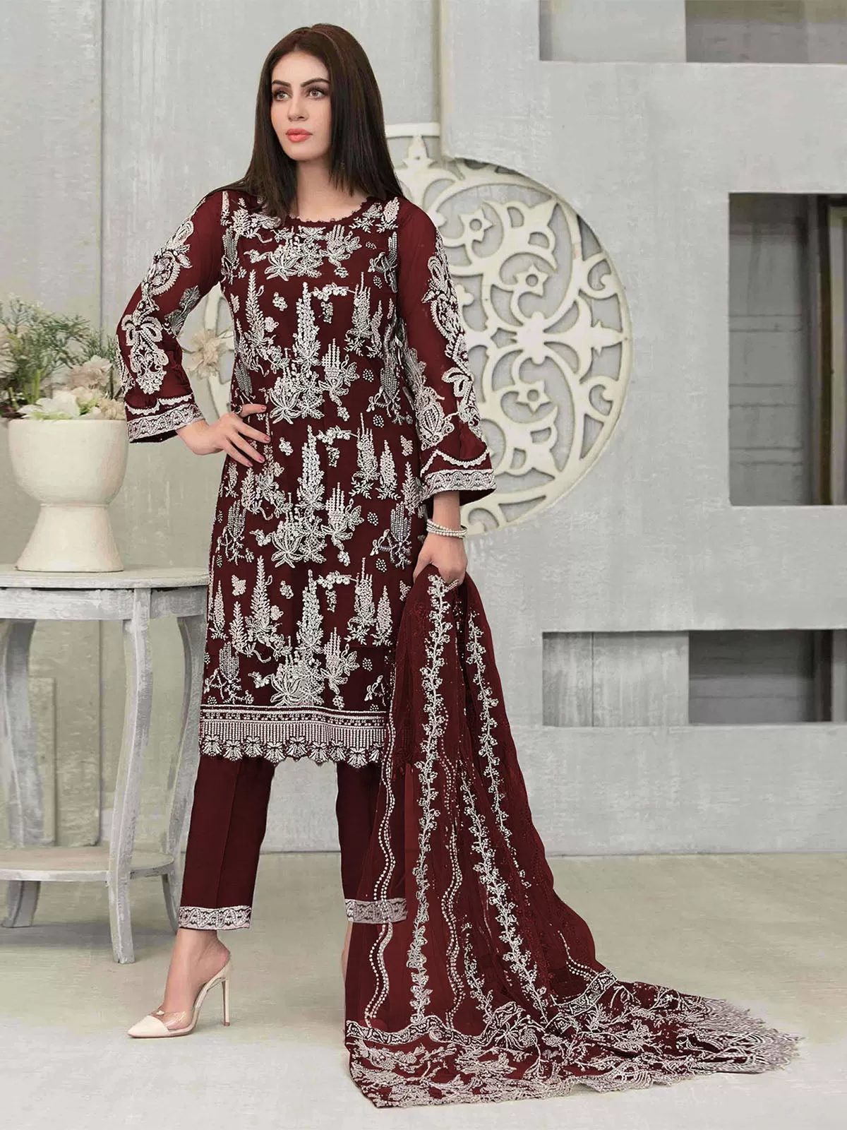 Odette Women Maroon Embroidered Party Wear Georgette Semi Stitched Suit