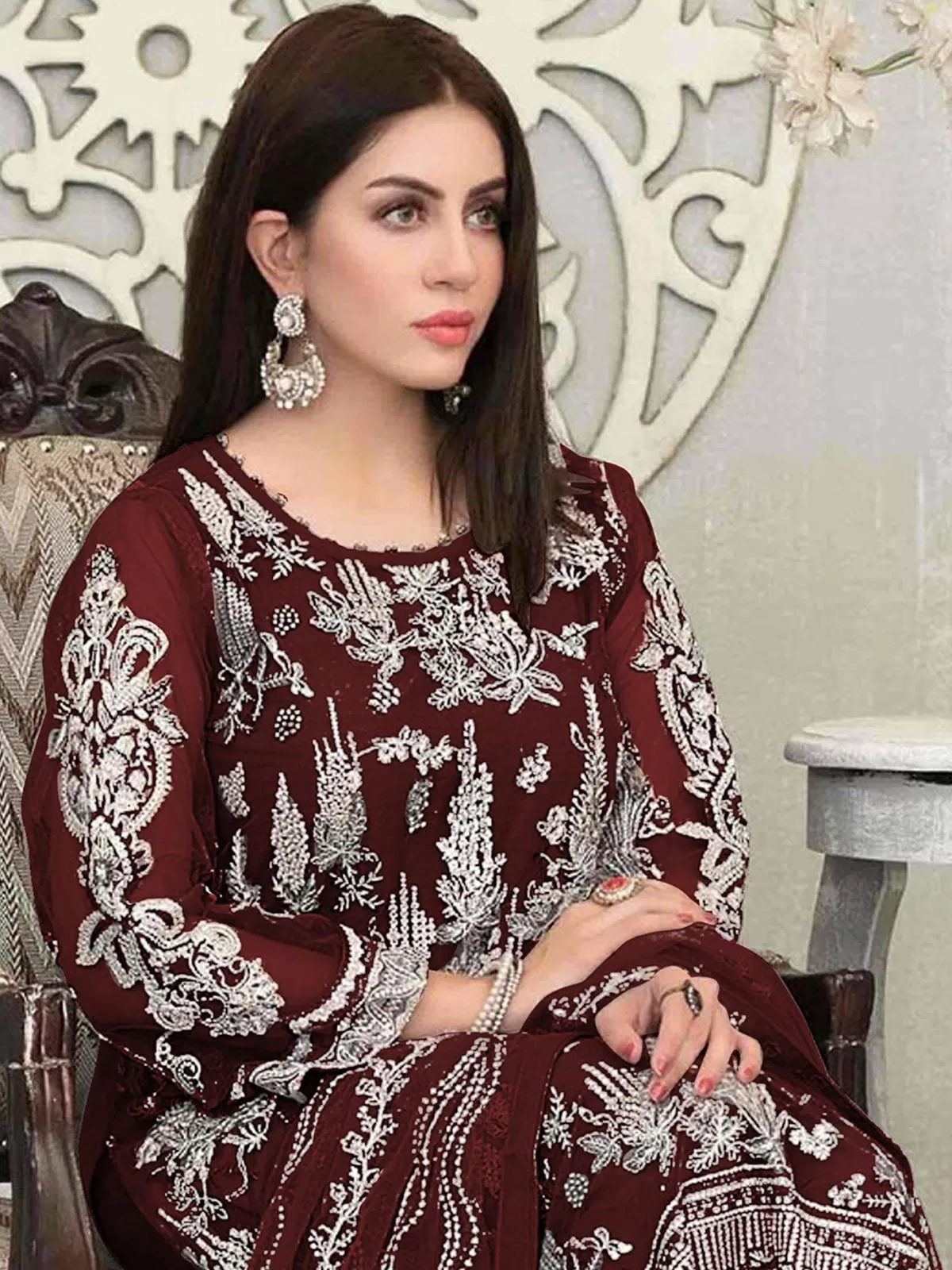 Odette Women Maroon Embroidered Party Wear Georgette Semi Stitched Suit