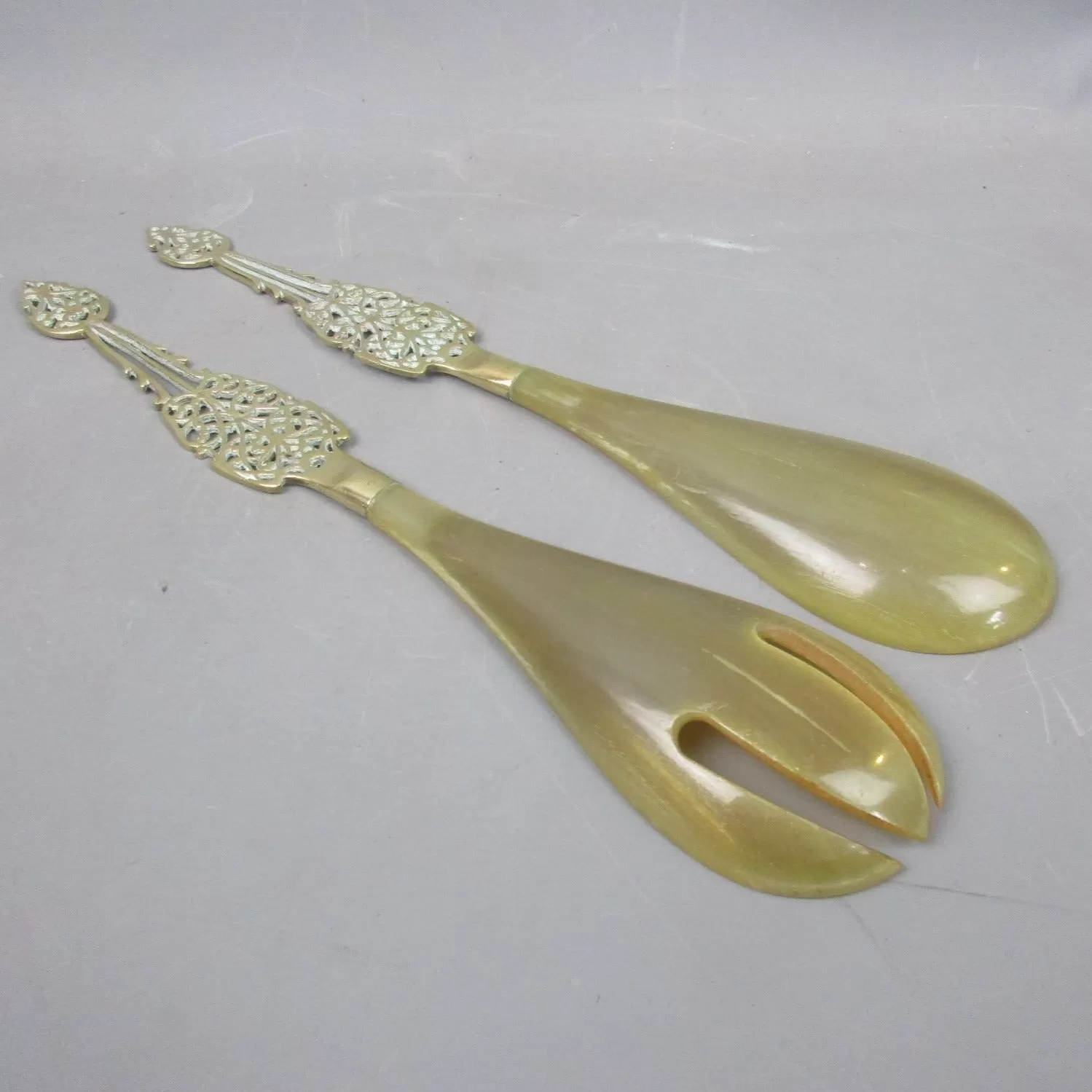 Pair Of Ornate Horn & Brass Handled Serving Spoons Vintage c1960