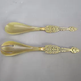 Pair Of Ornate Horn & Brass Handled Serving Spoons Vintage c1960