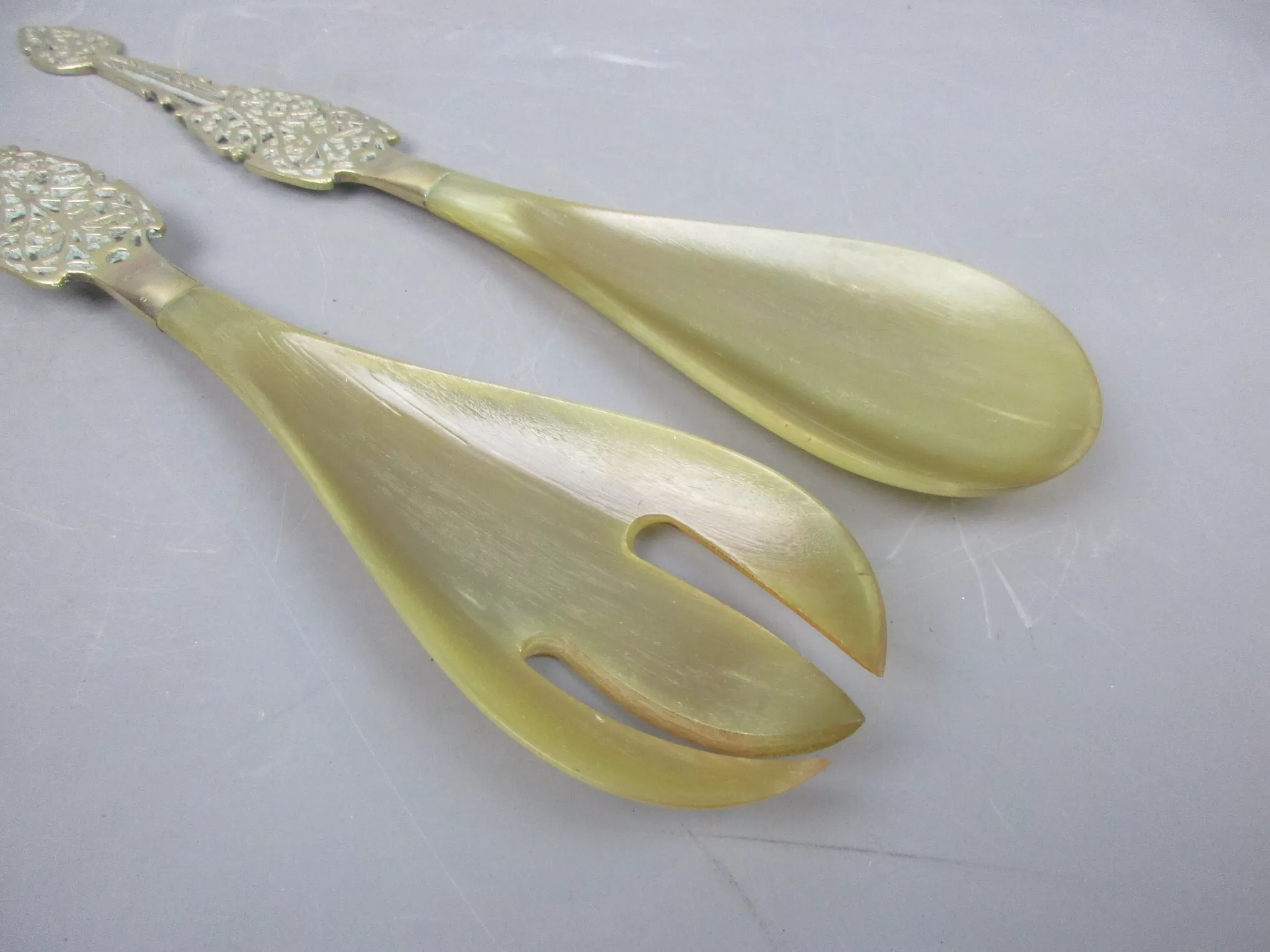 Pair Of Ornate Horn & Brass Handled Serving Spoons Vintage c1960