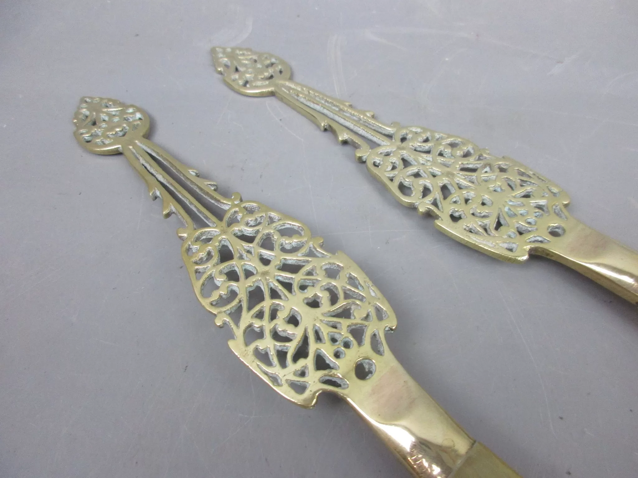 Pair Of Ornate Horn & Brass Handled Serving Spoons Vintage c1960