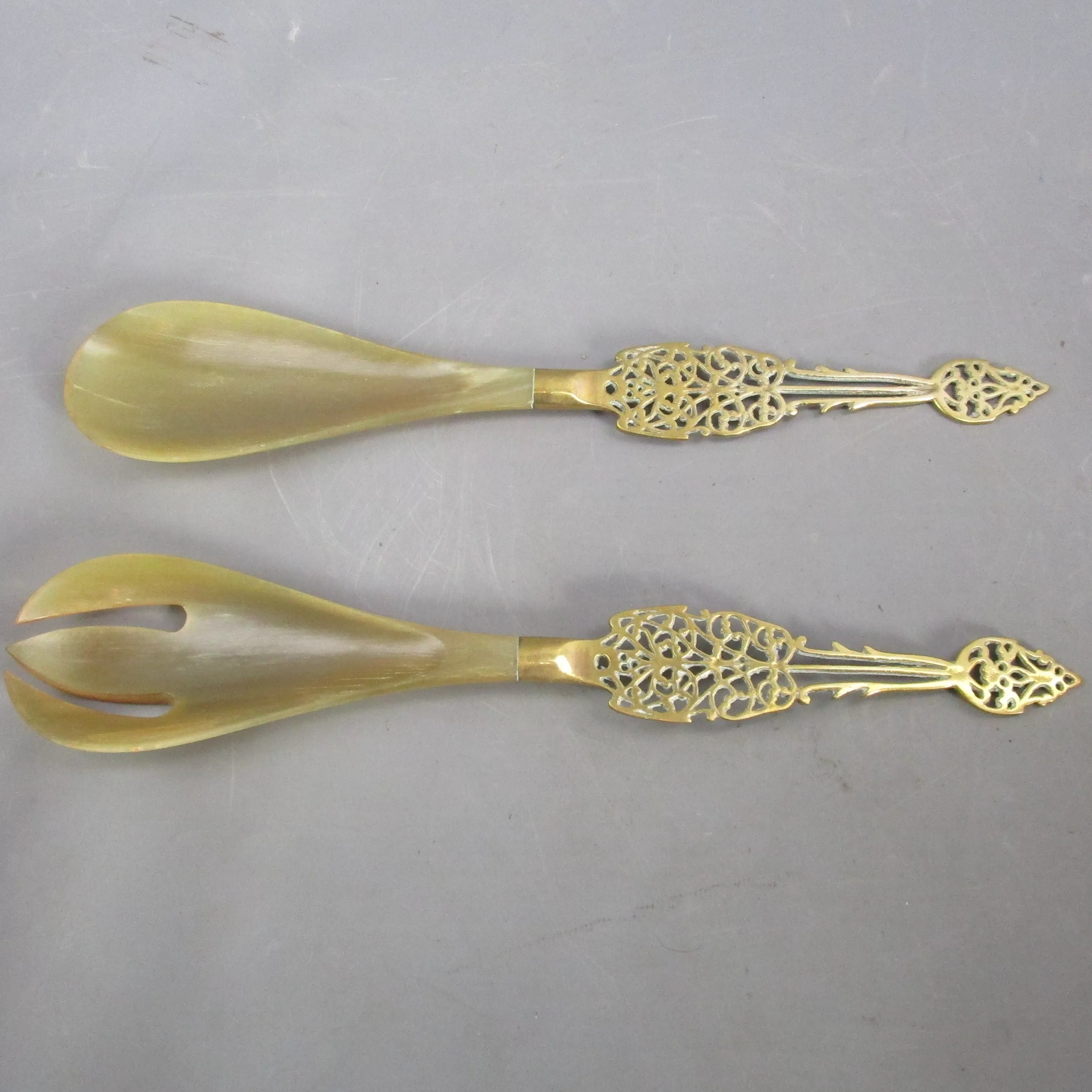 Pair Of Ornate Horn & Brass Handled Serving Spoons Vintage c1960