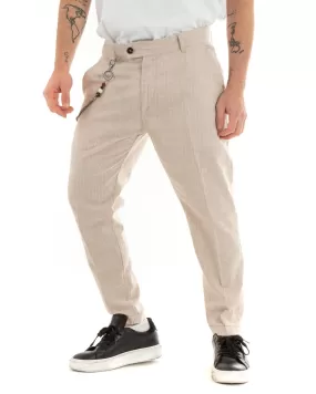 Pantaloni Uomo Lino Tasca America Rigato Gessato Beige Abbottonatura Allungata GIOSAL-P5752A