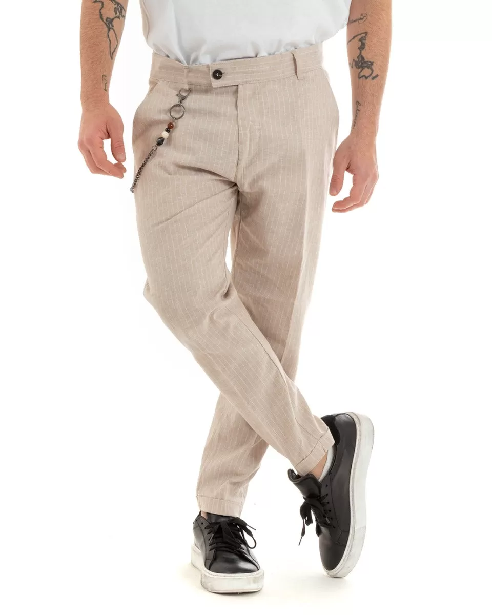 Pantaloni Uomo Lino Tasca America Rigato Gessato Beige Abbottonatura Allungata GIOSAL-P5752A