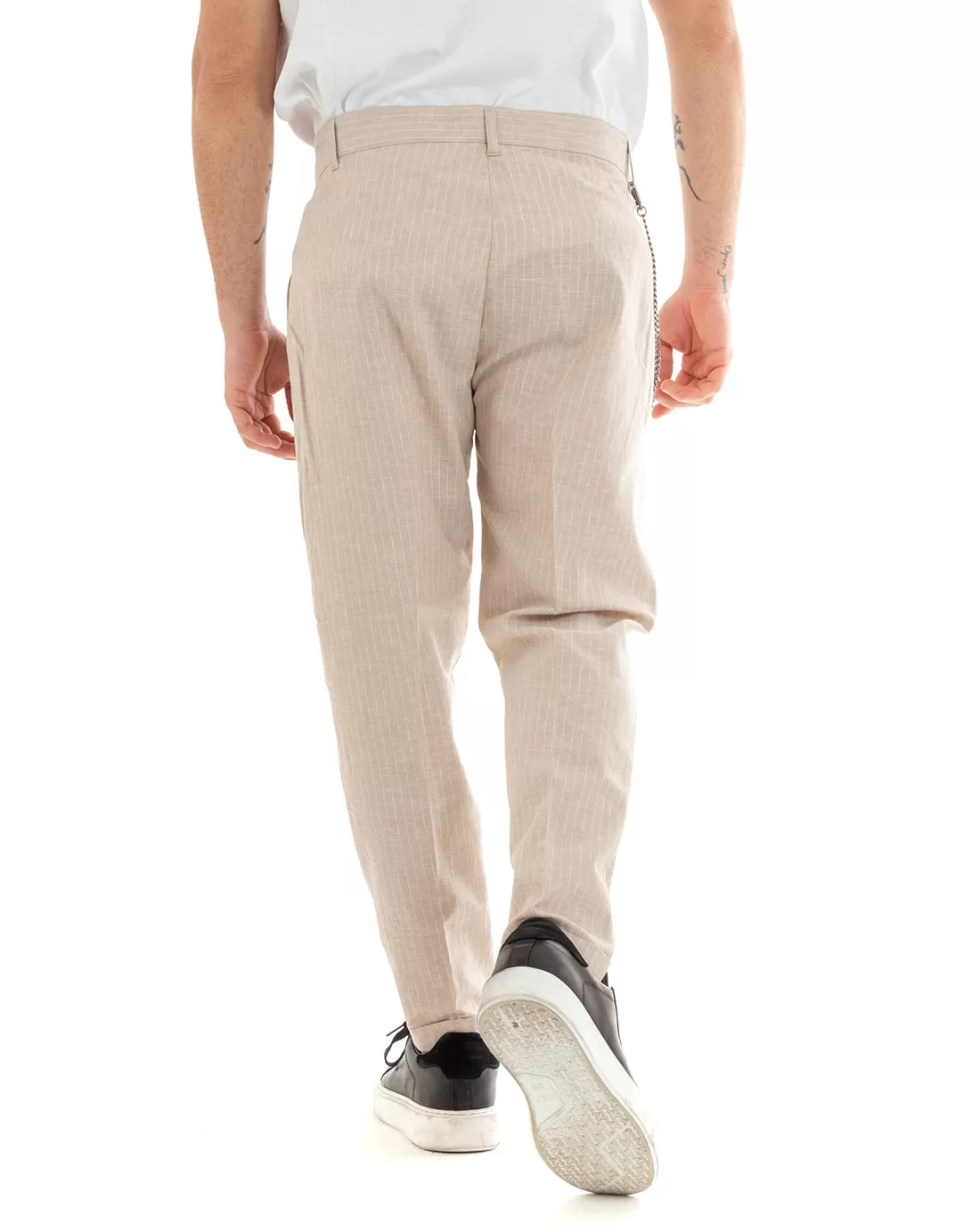 Pantaloni Uomo Lino Tasca America Rigato Gessato Beige Abbottonatura Allungata GIOSAL-P5752A