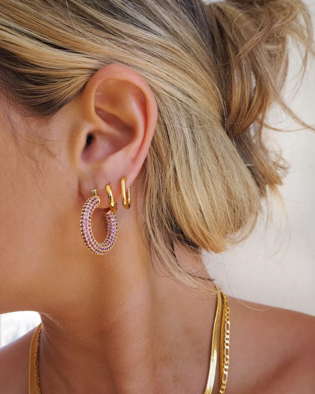 Pave Baby Amalfi Hoops- Pink- Gold