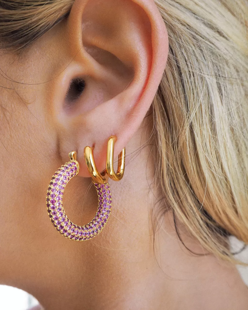 Pave Baby Amalfi Hoops- Pink- Gold