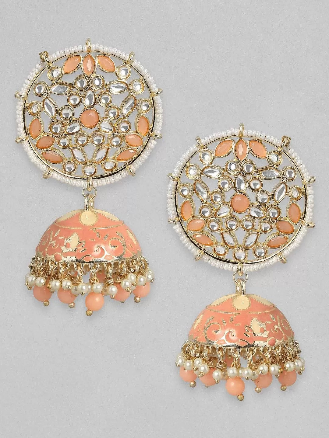 Rubans Pink Enamel & Kundan Handcrafted Gold Plated Jhumka Earrings