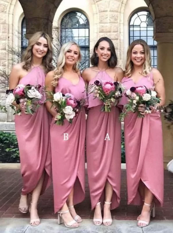 Sheath Halter Ankle Length Pink Satin Bridesmaid Dress