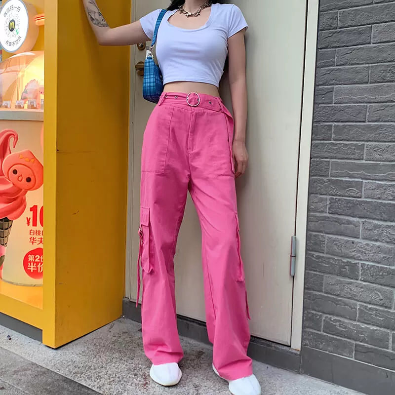 STREET FASHION PASTEL PINK HIGH WAIST POCKET PANTS BY55522