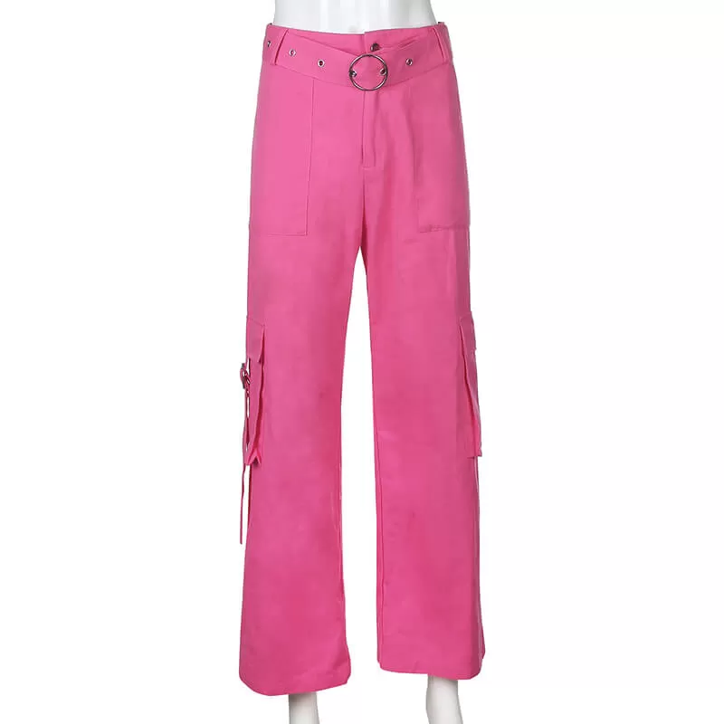 STREET FASHION PASTEL PINK HIGH WAIST POCKET PANTS BY55522