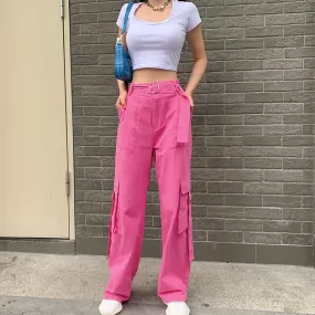 STREET FASHION PASTEL PINK HIGH WAIST POCKET PANTS BY55522