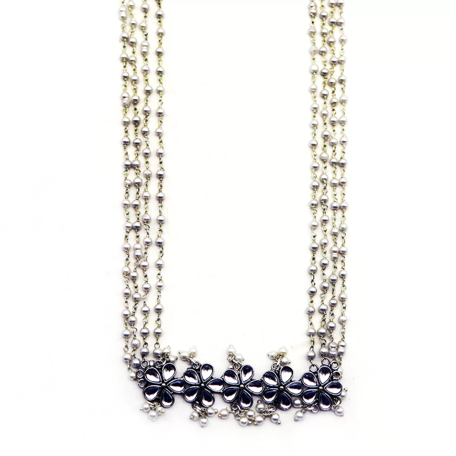 Teejh Blush Polki Silver Oxidized Pearl Long Necklace