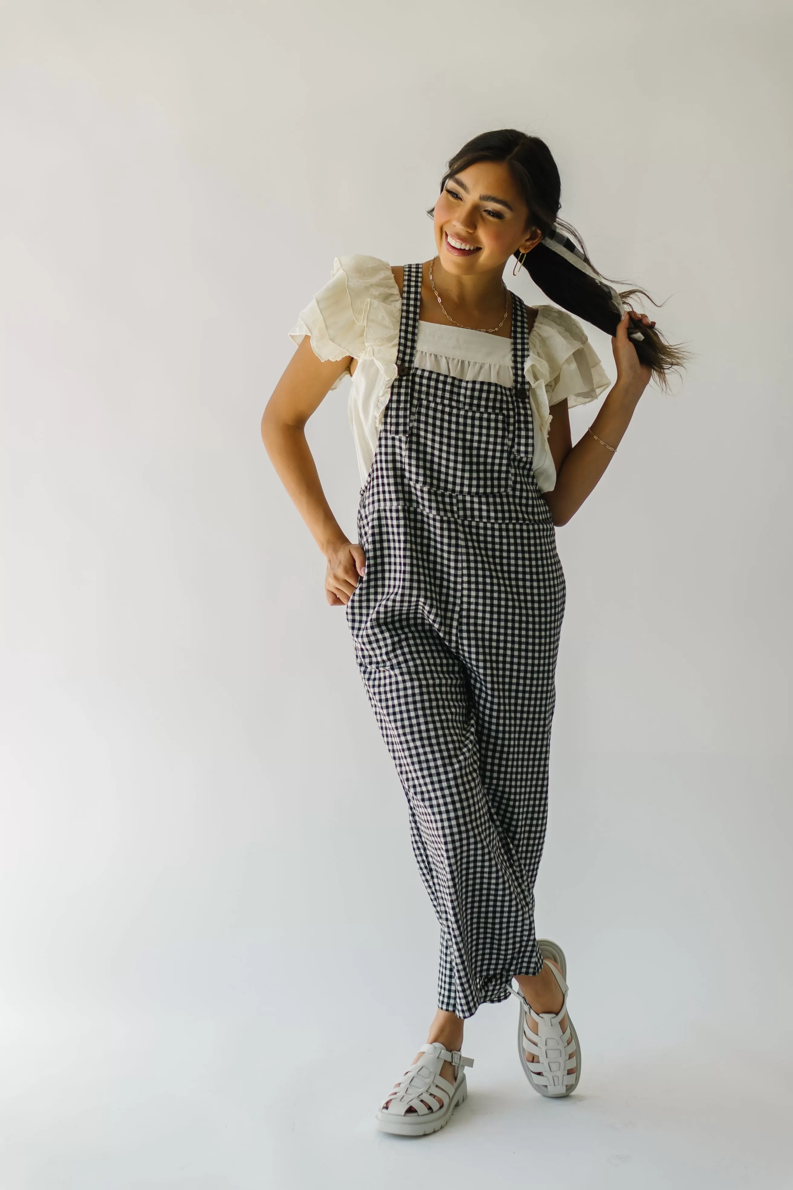 The Breigh Checkered Jumpsuit in Black   Cream