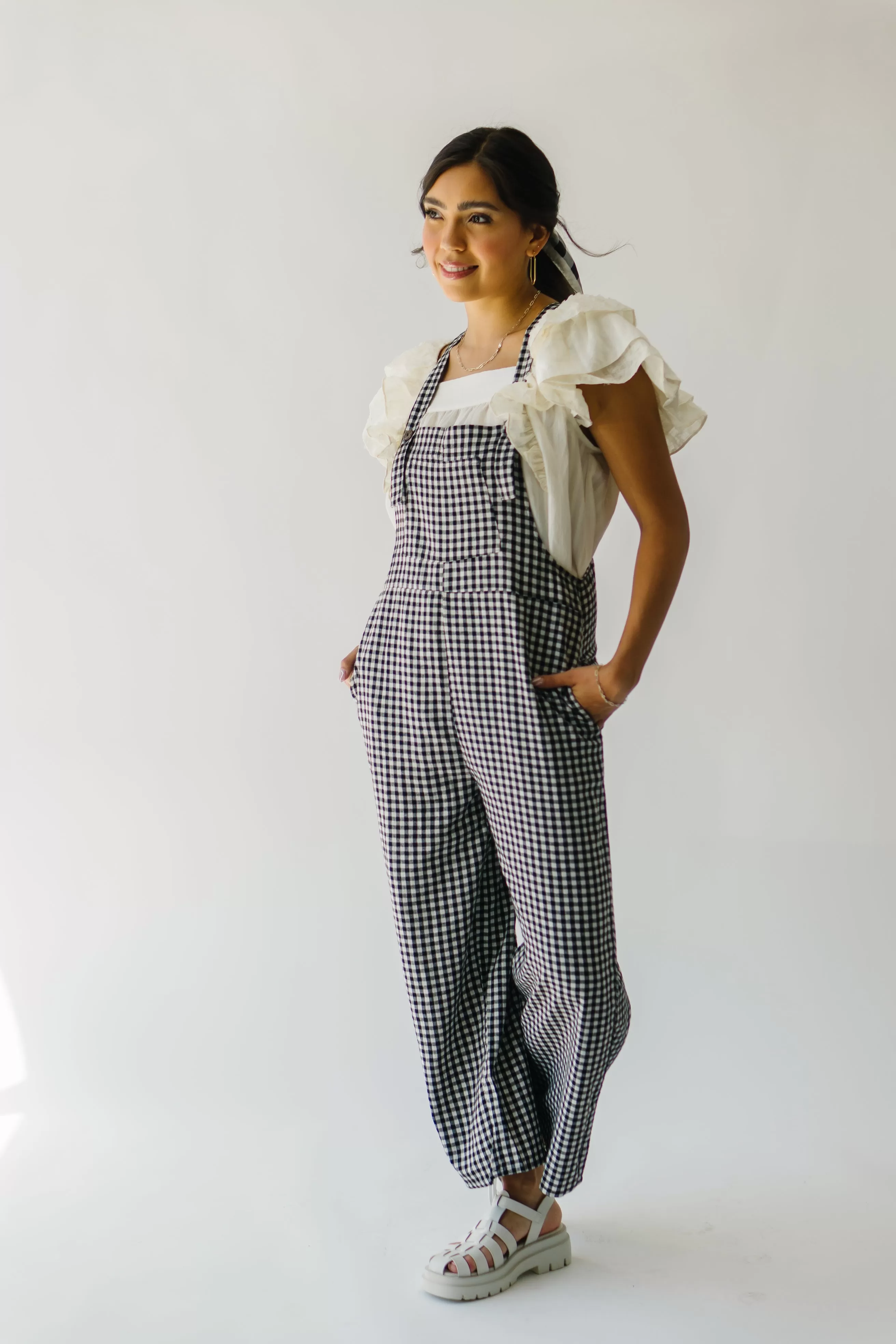 The Breigh Checkered Jumpsuit in Black   Cream